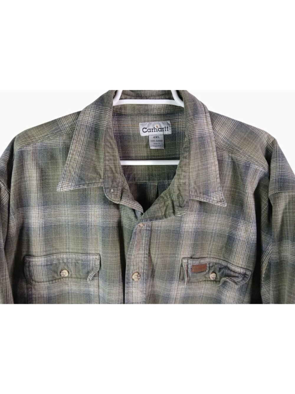 Carhartt Mens Plaid Button Up Flannel Shirt 4XL Long Sleeve 100% Cotton Green - Picture 2 of 11
